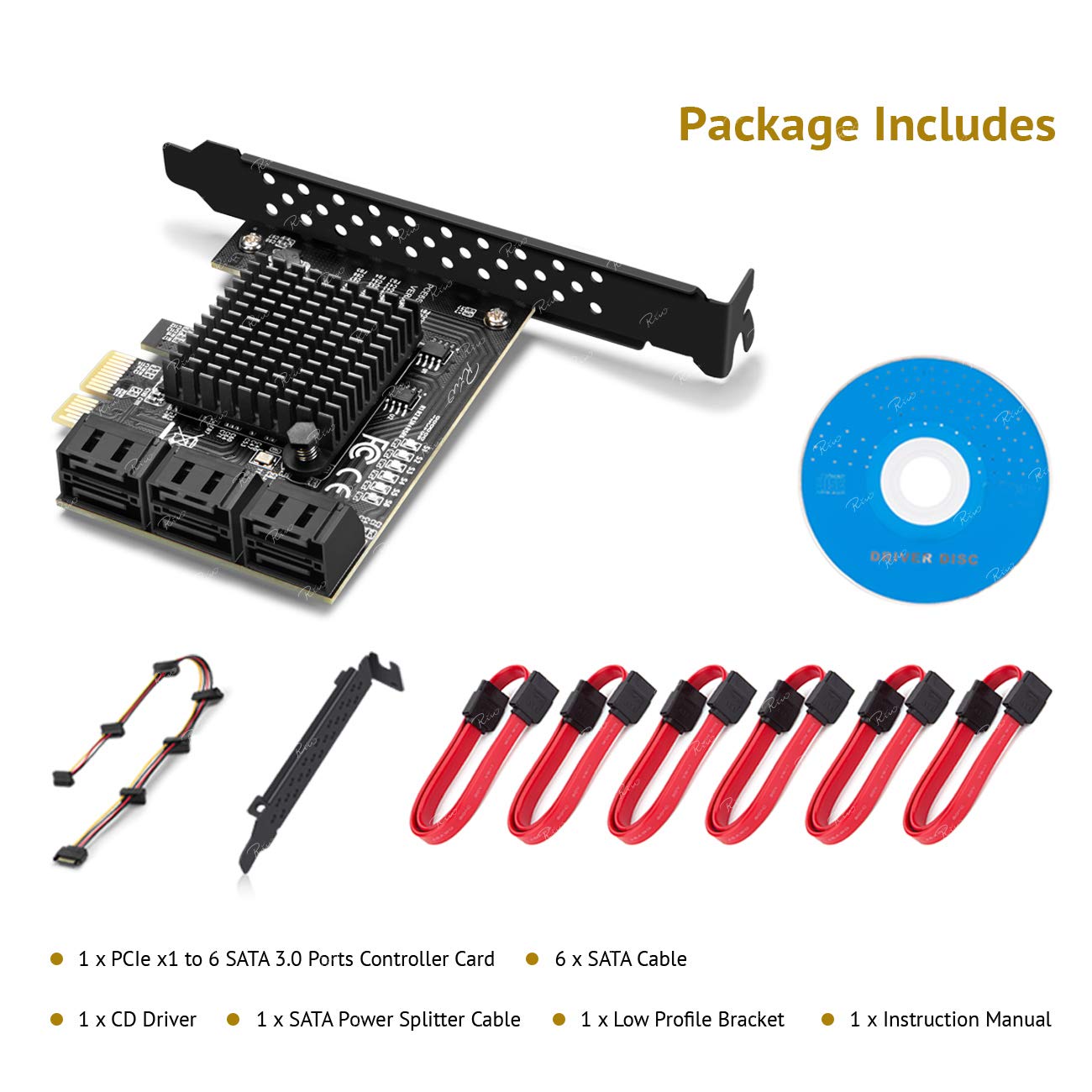 Rivo Karta PCIe SATA, 6 portów z 6 kablami SATA, karta rozszerzeń kontrolera SATA z uchwytem niskoprofilowym, Marvell 9215 Non-Raid, Boot jako dysk systemowy, obsługa 6 urządzeń SATA 3.0 (SA3014)
