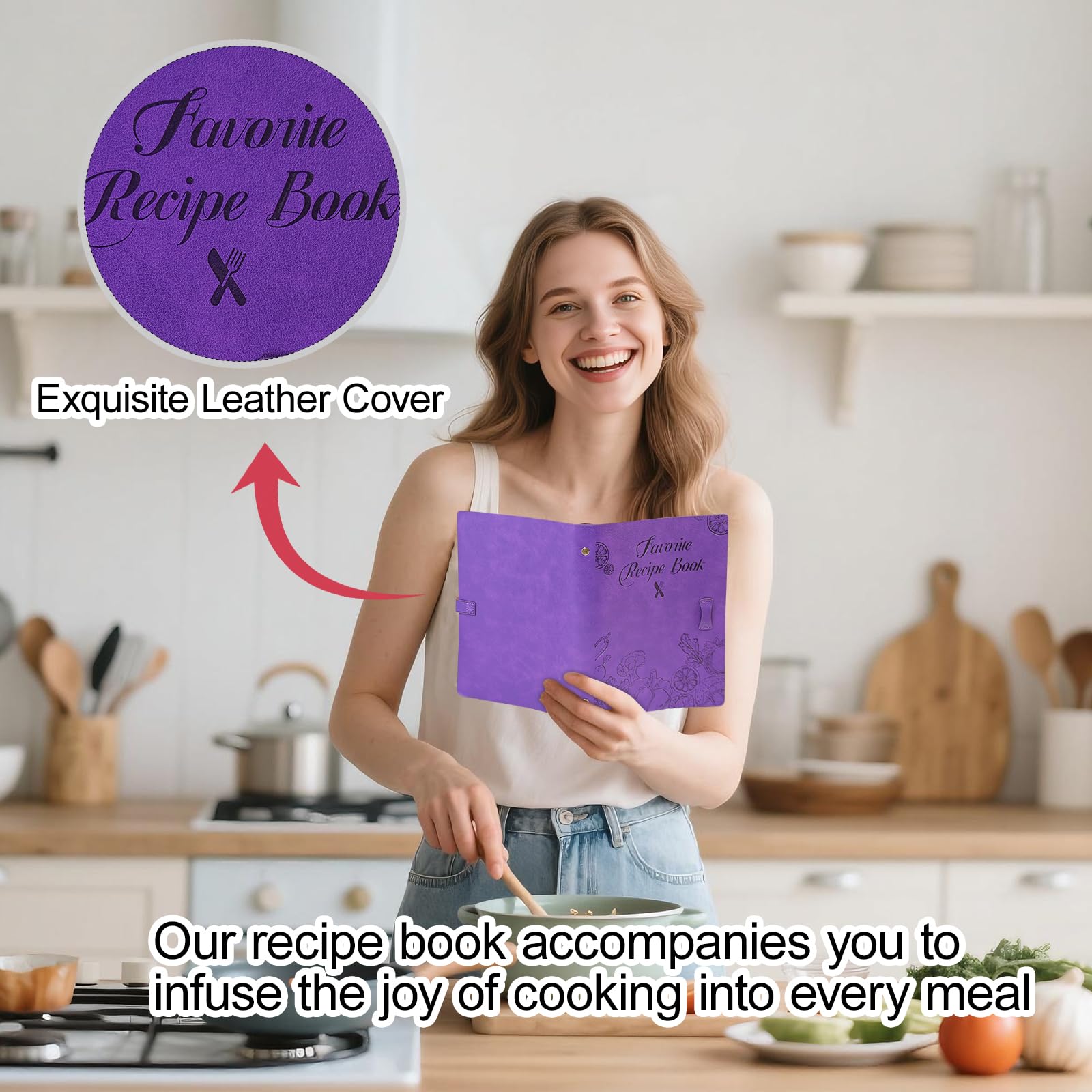 Libro de recetas en blanco para escribir en tus propias recetas, cuaderno de recetas de cuero, libro de cocina vacío con capacidad para 150 recetas (recetas largas y cortas) (morado)