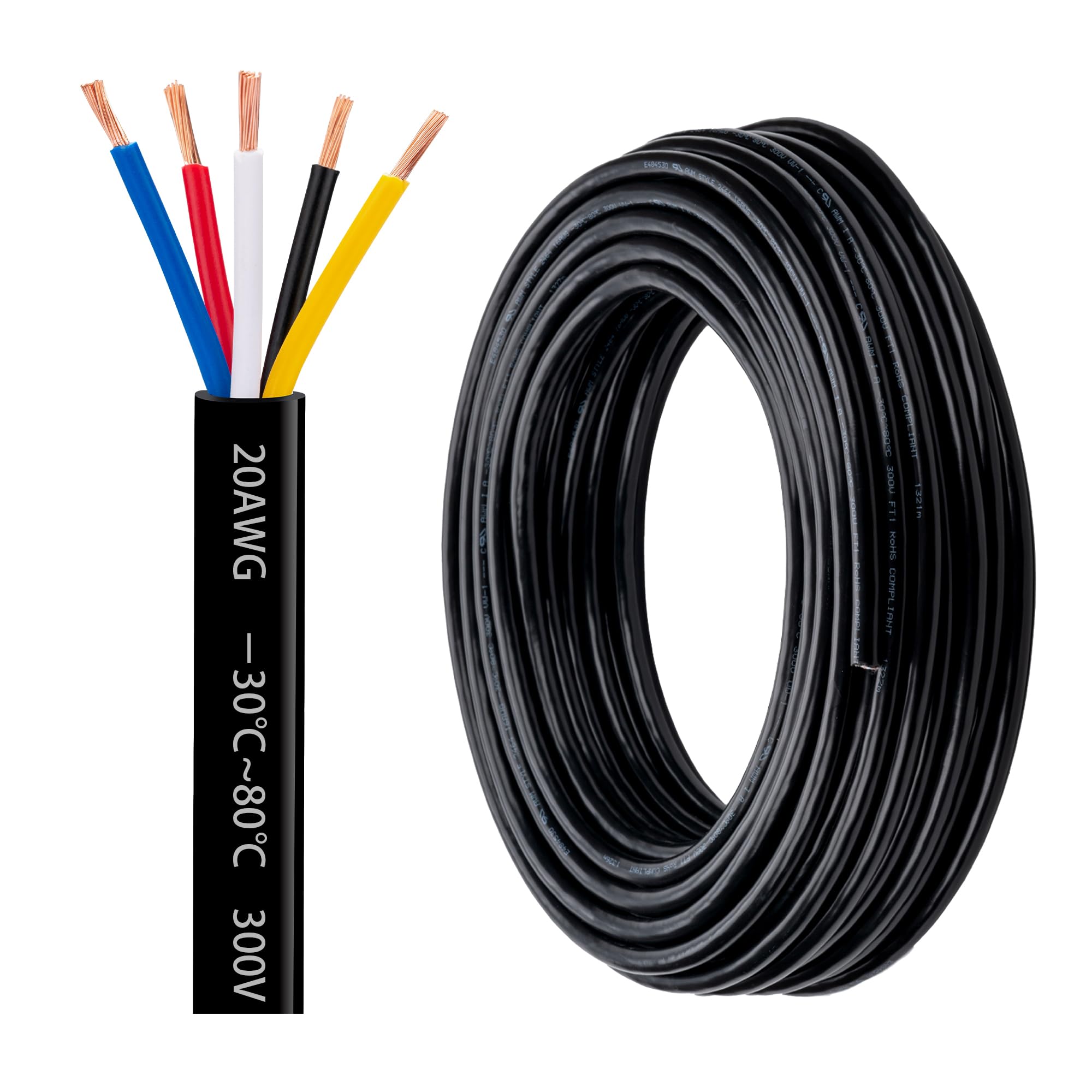 Lesnlok 20 Gauge Wire 5 Conductor 20 AWG Electrical Wire Stranded PVC Cord Oxygen-Free Copper Cable 50FT Pure Copper Automotive Wire Heavy Duty 5 Core