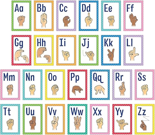Carson Dellosa - Pósteres de lenguaje de señas, carteles de lenguaje de signos americanos de ASL con letreros de mano, tarjetas del alfabeto para