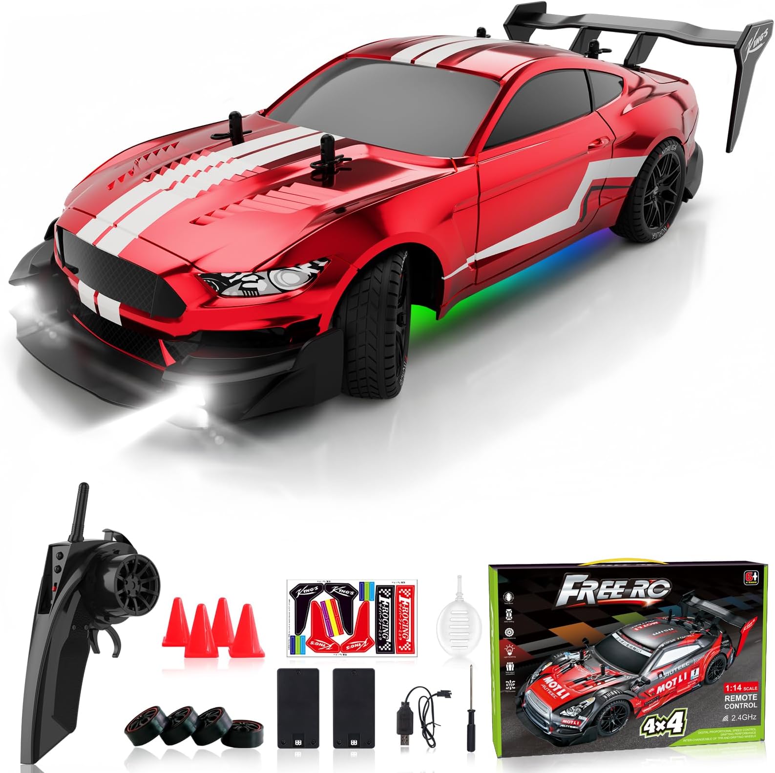 Remote Control Car RC Drift Car 1:16 Scale 4WD RC Car with LED Lights 2.4GHz 30km/h RTR High Speed Racing Sport Toy Car for Adults Boys Girls Kids Gift 2Pcs Rechargeable Battery