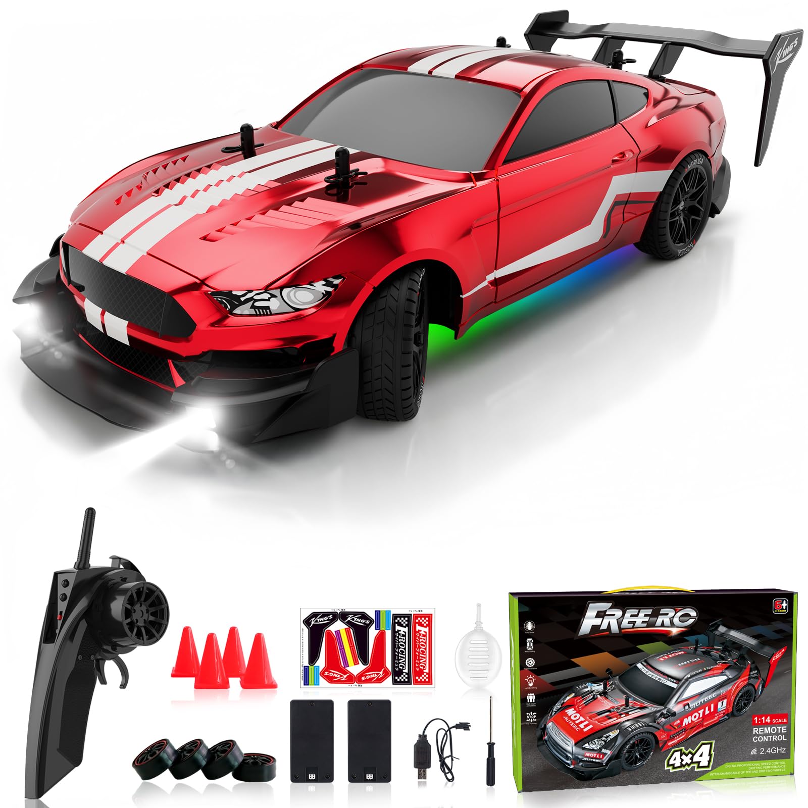 Remote Control Car RC Drift Car 1:16 Scale 4WD RC Vehicle with LED Lights 2.4GHz 30km/h RTR High Speed Racing Sport Toy for Adults Boys Girls Kids Gift 2Pcs Rechargeable Battery