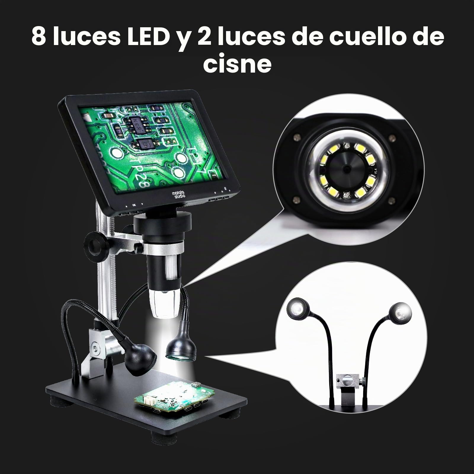 Microscopio Digital MT2 1200X HDMI con Pantalla IPS HD de 7'', Microscopio de Soldadura con Lupa para Monedas 1080P para Niños y Adultos, 10 Luces LED, Compatible con TV/Windows/Mac OS