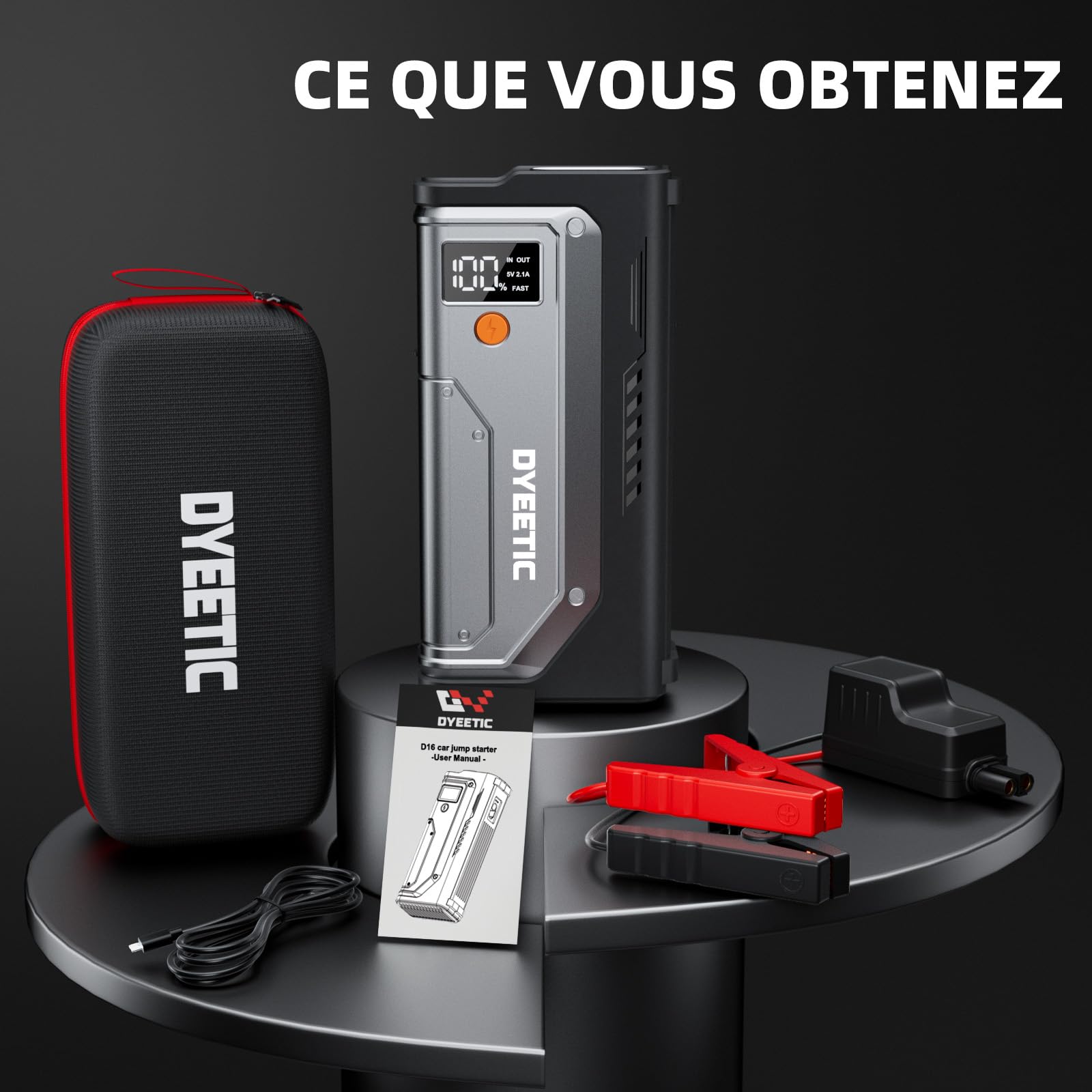 Booster Batterie Voiture 6000A, 12V Démarreur de Voiture pour Moteurs (jusqu'à All Gaz & 10,0L Diesel), Booster Batterie Moto Portable Jump Starter avec Lampe de Poche à LED, Rapide Charge USB