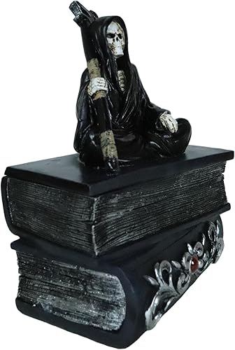 Miniatura 2 de Ebros Osario Macabra Muerte Parca con guadaña sentada en libros de la vida, caja decorativa, joyero, estatuilla de 8 pulgadas de alto, esqueletos de