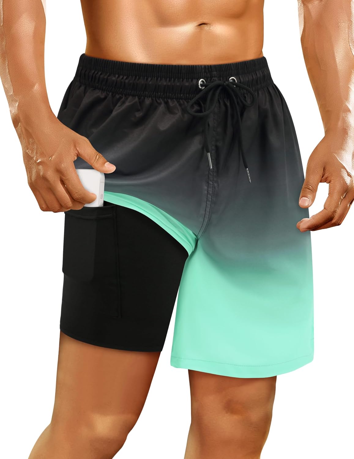 Mens Swim Trunks with Compression Liner Mens Bathing Suit 7 Inch Inseam Quick Dry Mens Board Shorts Men's Swimwear Men