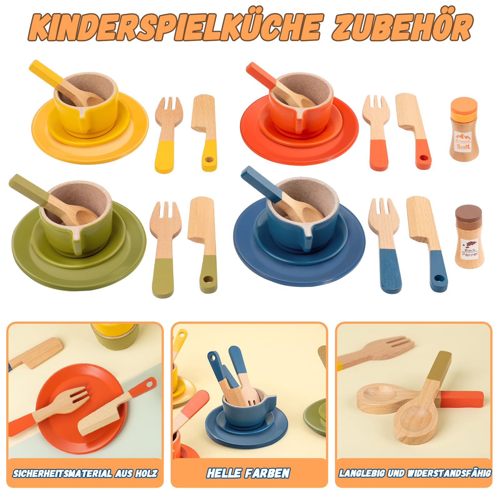GAGAKU Geschirrset aus Holz Kinder Kinderküchen Spielküche Zubehör Küchenzubehör Kinder Holz