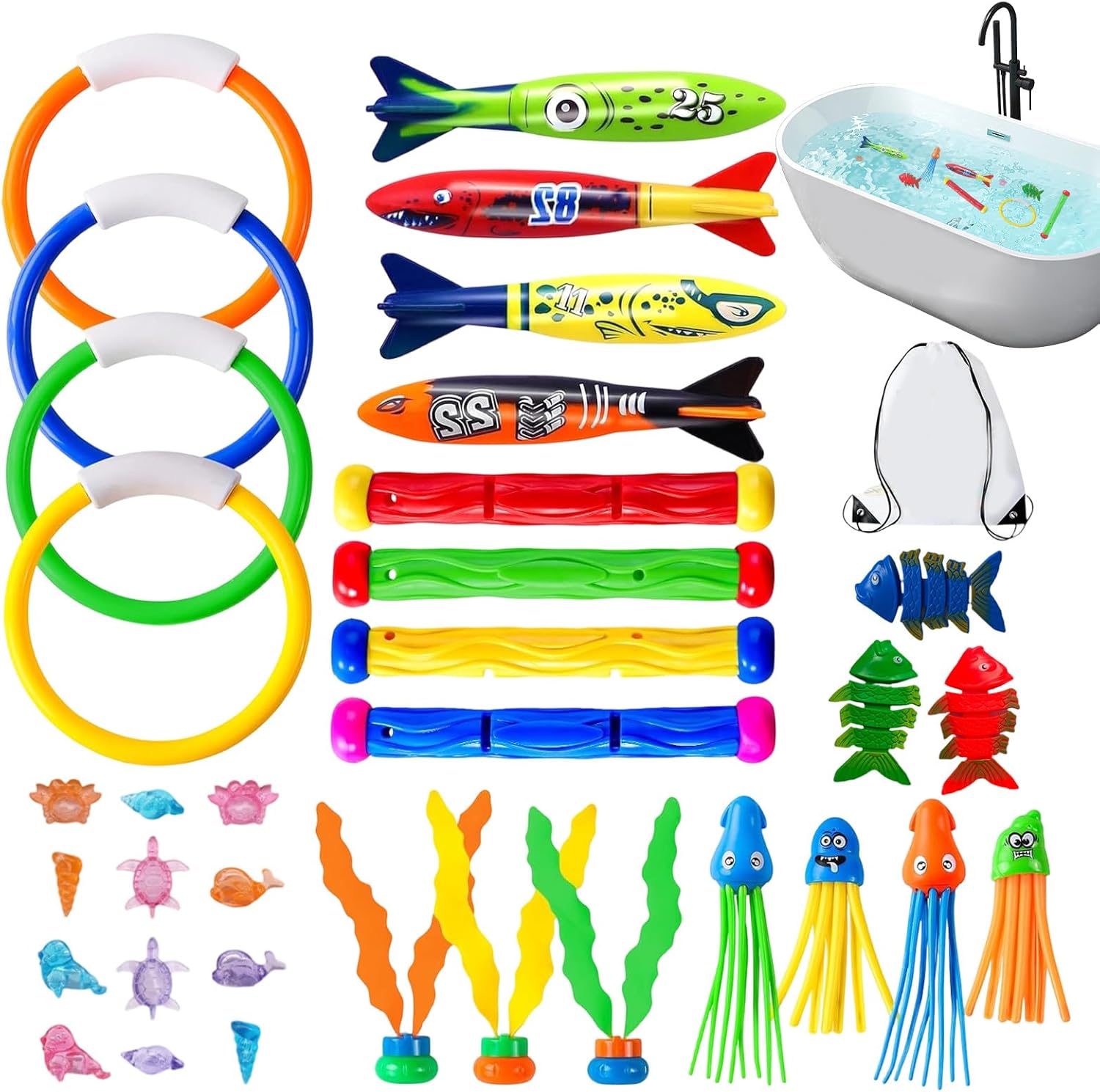Diving Toys Set, 35 Piece Floating Water Game Kit, Colorful Gemstone and Ring Pool Toys with Durable Design, Fun Summer Water Activity Set for Kids, Swimming Toy for Beach Pool Park Garden Yard