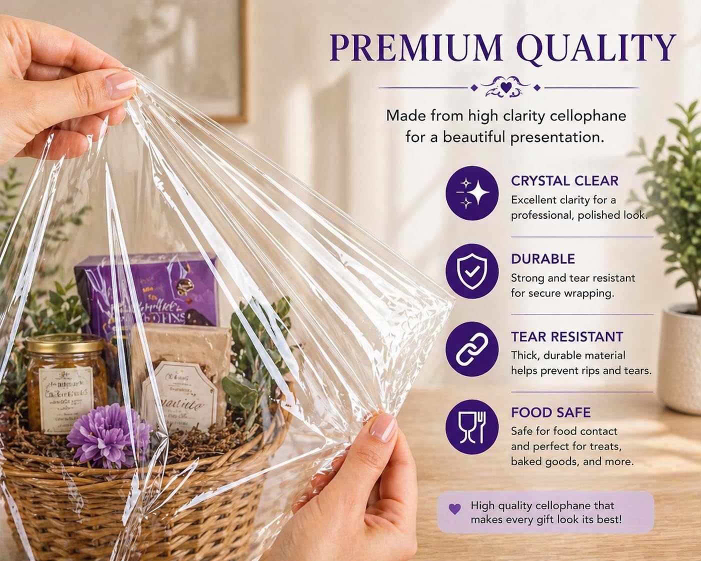 Purple Q Crafts Clear Basket Bags, 20 Pack Large Clear Cellophane Wrap for Baskets & Gifts 24"x30" 1.5 Mil Thick (20)