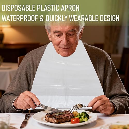 Miniatura 2 de 50 baberos desechables para adultos con recogedor de migas, protectores de plástico impermeables para ropa de comedor para ancianos, personas