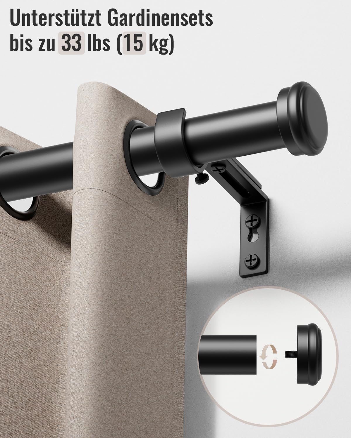 barra de cortina negra, 80 a 367 cm para ventanas, diámetro de 25 mm, barra de cortina con soporte y extremos simples para dormitorio, sala de estar.