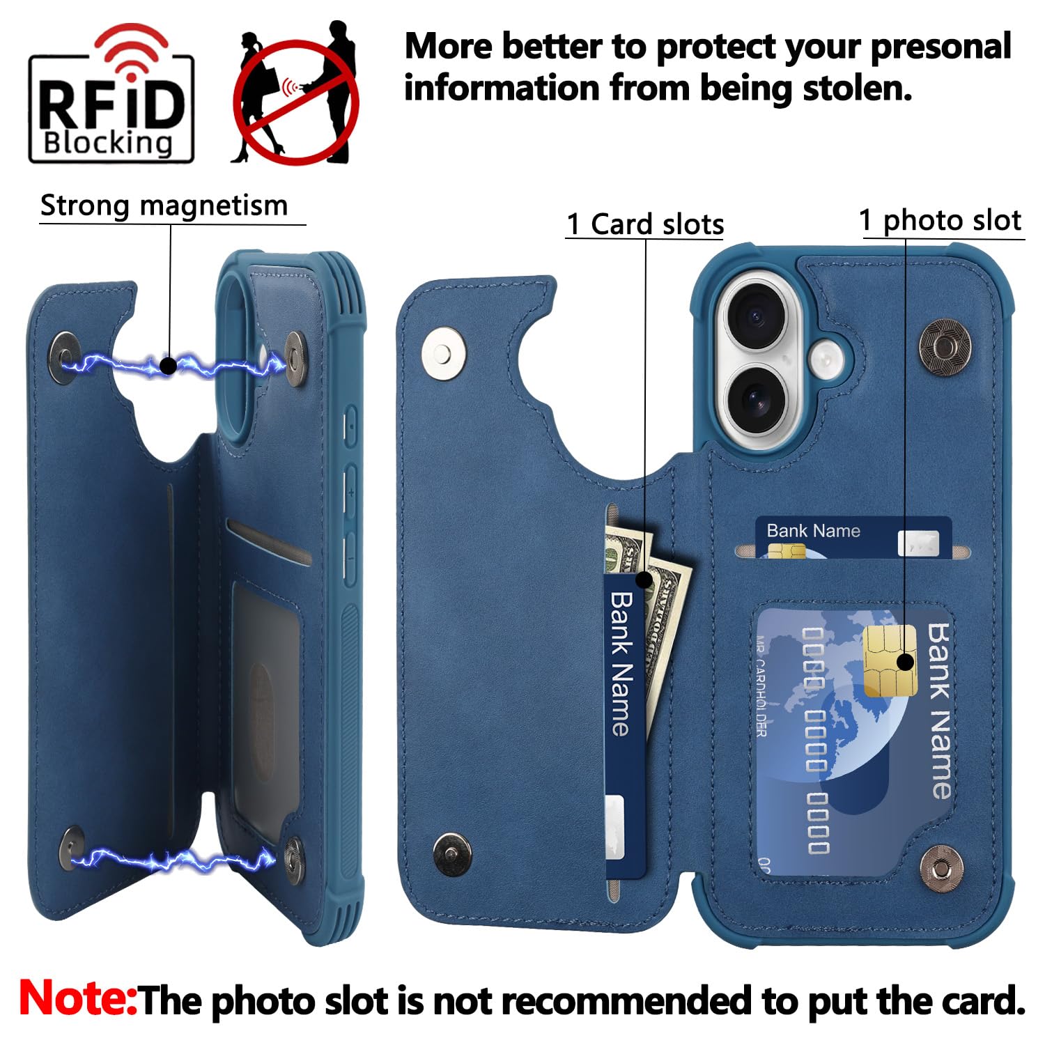 VANAVAGY Compatible for iPhone 16 Wallet Case with Credit Card Holder,Rfid Block Leather Flip Folio Phone Cover Fits Magnetic Car Mount and Stand with Screen Camera Protector,Blue - Image 3