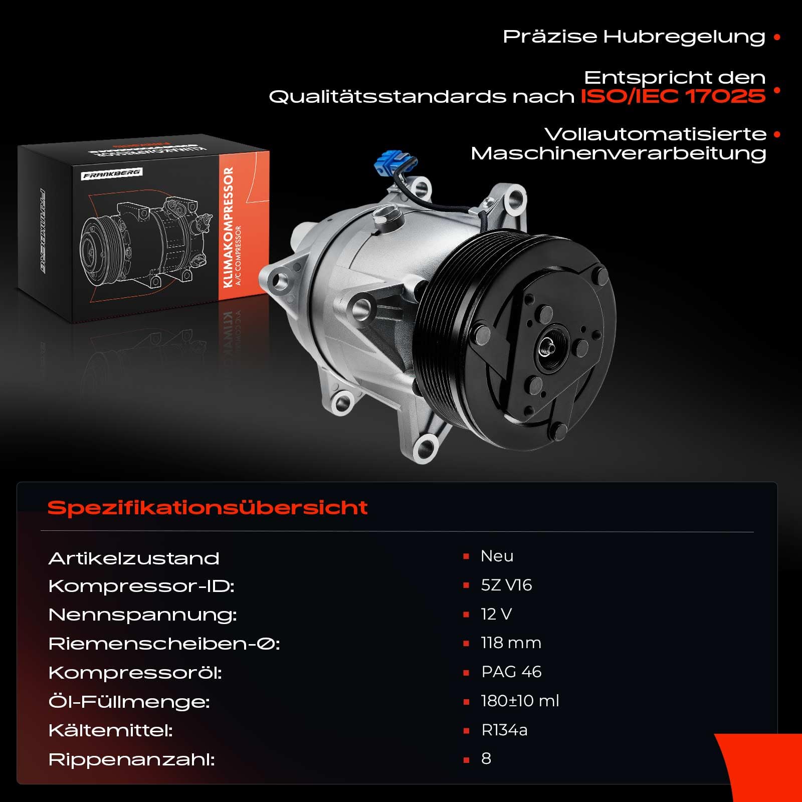 Frankberg Klimaanlagen Kompressor mit Kupplung Kompatibel mit Golf III 1H1/1E7 Golf III Variant 1H5 V.e.n.t.o 1H2 Ibiza II 6K1 Replace# 1H0820803J, Öl vorbereift