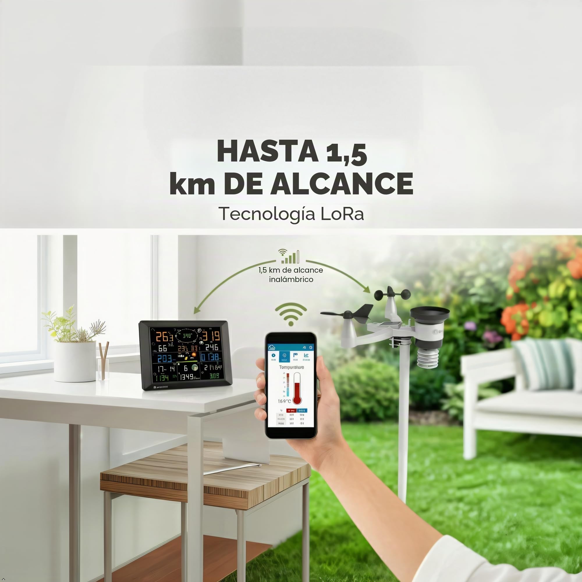 Bresser Estación meteorológica de 1,5 km de alcance, WiFi, sensor exterior 7 en 1, solar, UV, viento, lluvia, carga WiFi, alarma, clima interior y exterior | Temperatura interior y exterior, humedad, pluviómetro, anemómetro, previsión meteorológica, app,