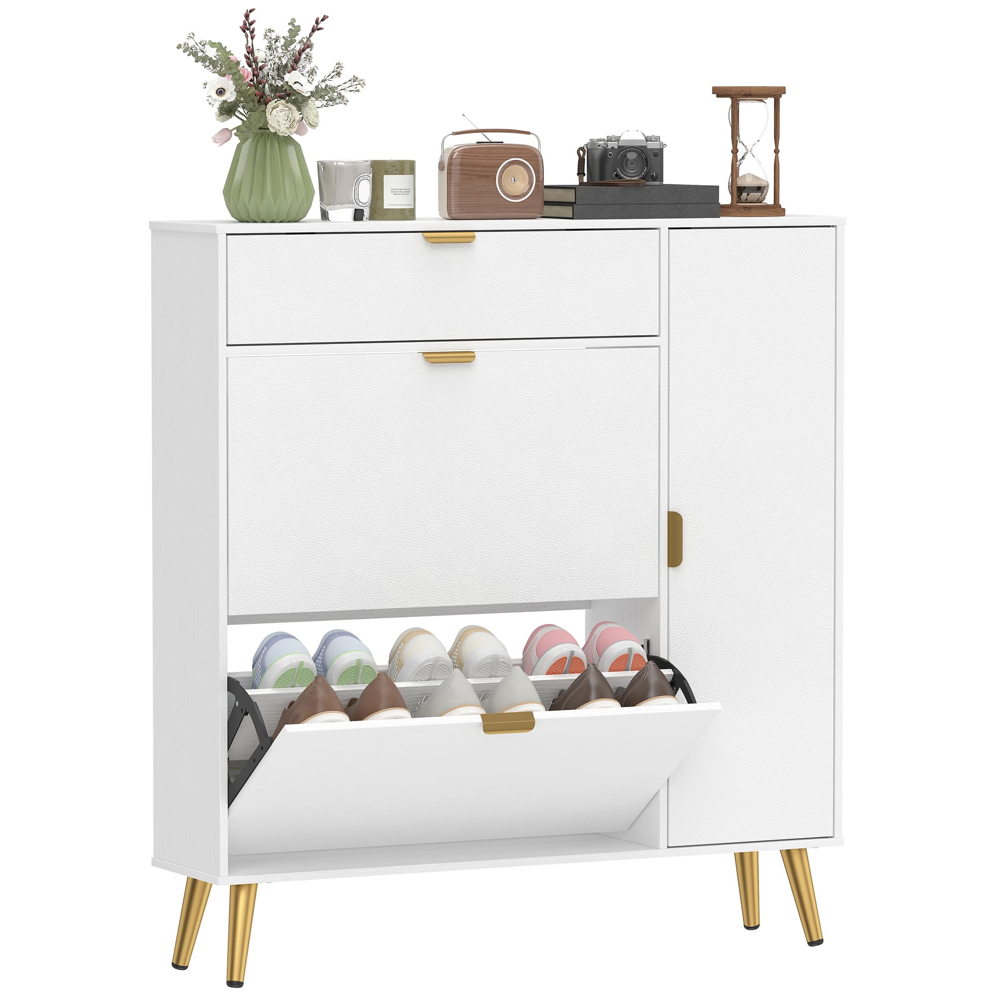 HOMCOM Scarpiera Salvaspazio Slim con Ante a Ribalta Effetto Pelle e Armadietto, Scarpiera Ingresso con Ripiani Regolabili, Base Rialzata, Porta Scarpe per 12 Paia con Maniglia, Bianco