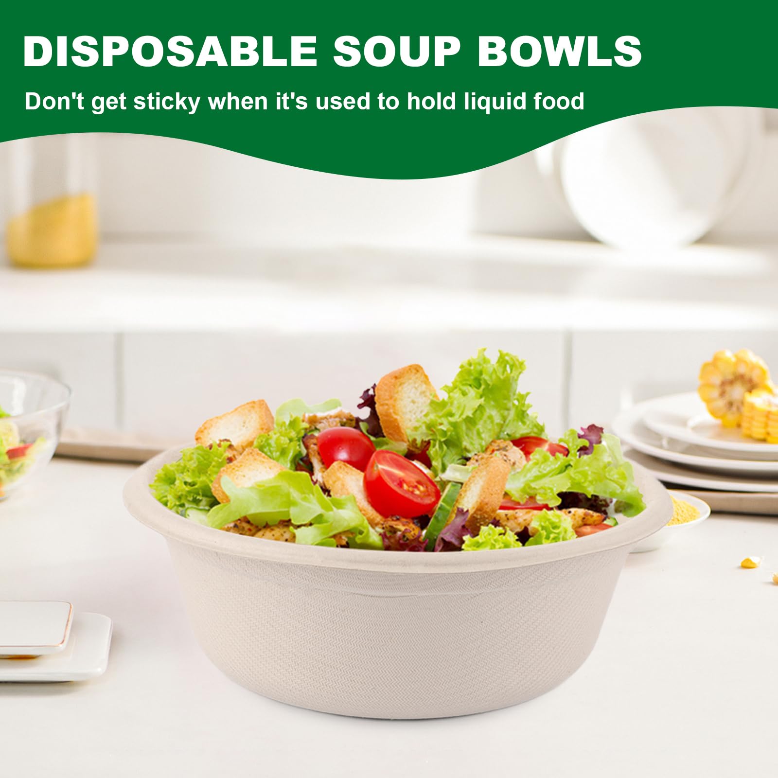 150 Cuencos Desechables de 500ml, Cuenco Compostable de Bagazo de Caña, Cuencos de Sopa Compostables para Fiesta, Microondas y Congelador, 15.5cm