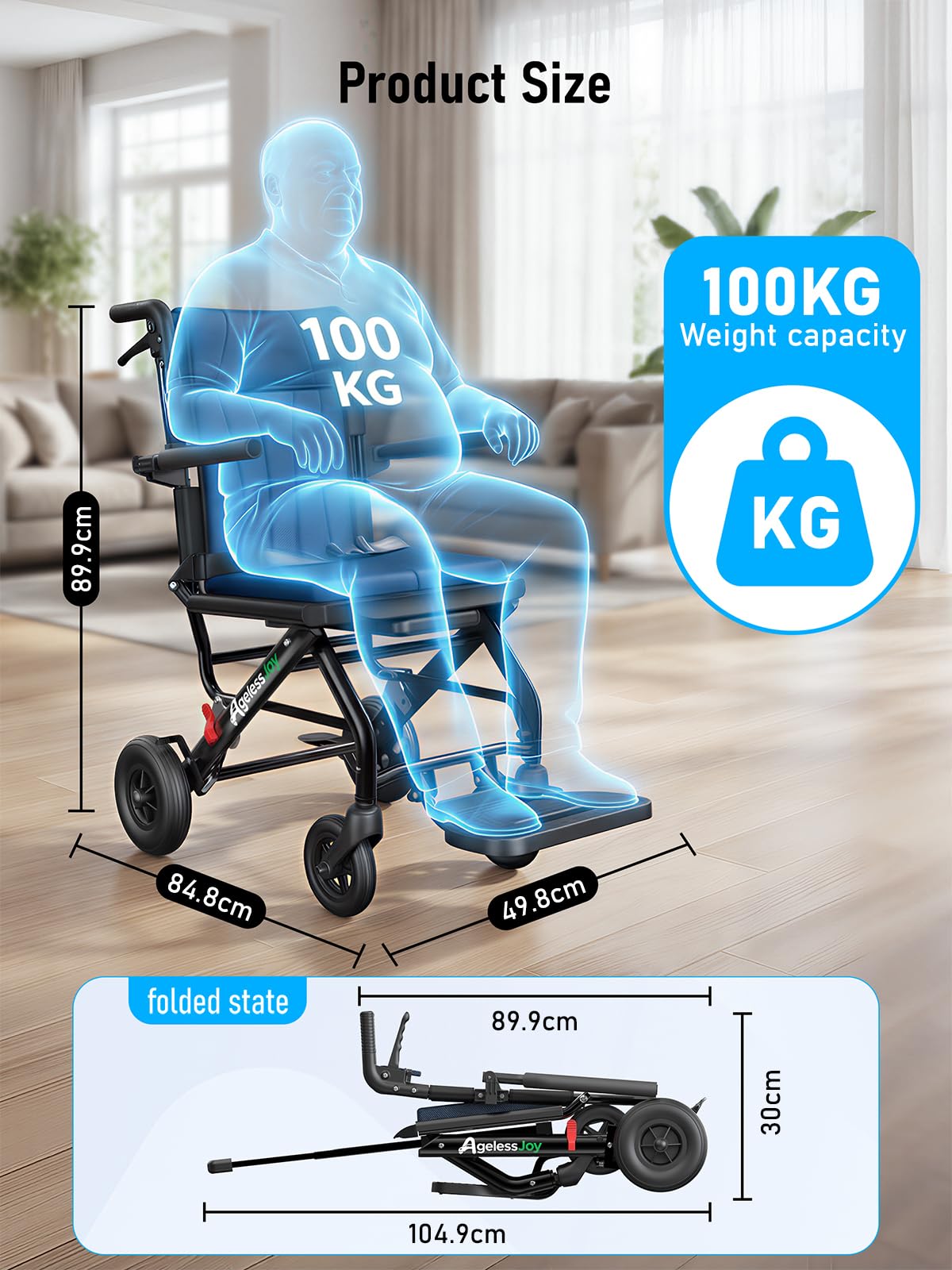 AGELESSJOY Fauteuil roulant pliable léger pour Adultes, Chaise de Transport en Aluminium Ultra-Légère et Pliable avec Poignée Télescopique, Compact et Portable pour Seniors (Bleu) - 2