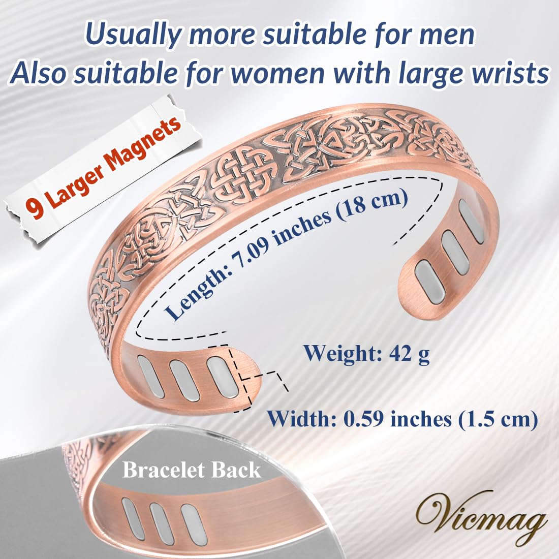 Vicmag Bracelet magnétique en cuivre pour homme, 9 aimants puissants (5000 gauss chacun), 99,99 % cuivre pur