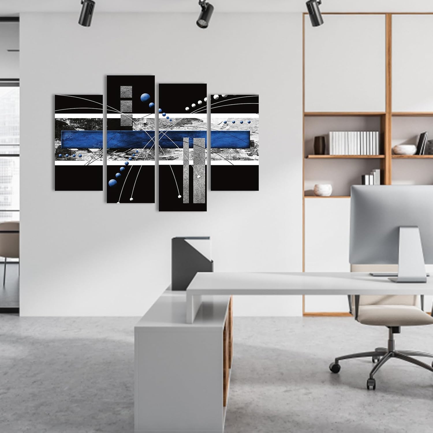 Modern Abstract Canvas Wall Art: Black and Blue Wall Decor - Grey White Decoration for Home Office, 4 Panels Poster Decorative Framed Print for Living Room Bedroom Ready to Hang