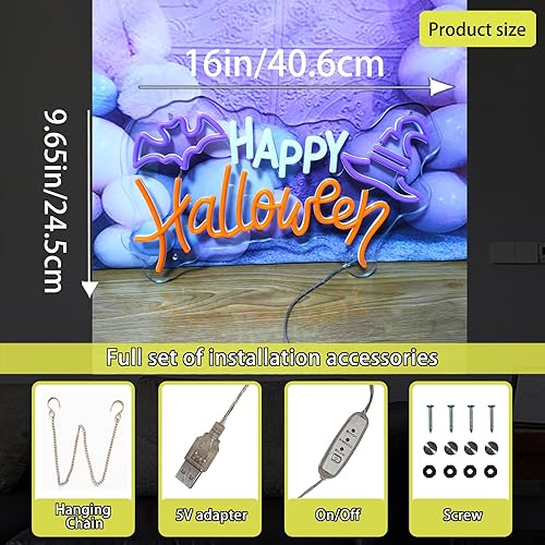 Miniatura 6 de Letreros de neón de Feliz Halloween para decoración de pared, 15.94 x 9.65 pulgadas, luces de neón LED con regulable, perfecto para Halloween,