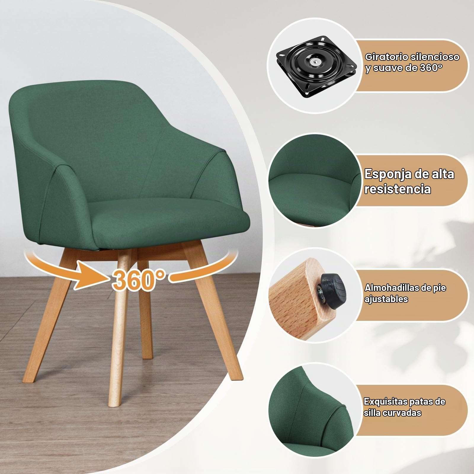 Bekrvio Juego de 2 sillas de Comedor giratorias 360°, Silla tapizada con reposabrazos, tapizada en Tela, Patas de Madera, diseño de Century, cómodas sillas de Cocina para Comedor y salón