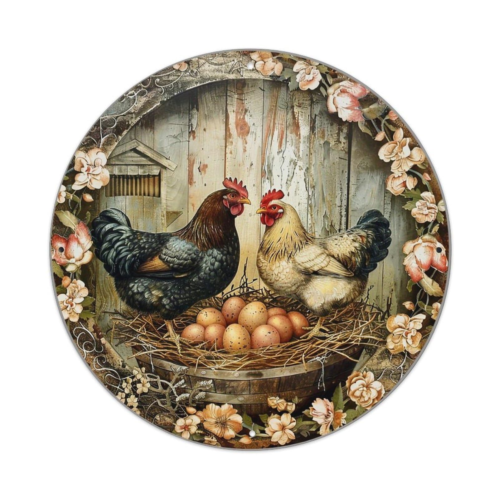 Chickens Nest Eggs Flowers Barn Retro Metal Sign Round Tin Sign, Vintage Decor Art Poster for Bar, Home, Man Cave, Kitchen, Laundry Room Gift 8x8Inch