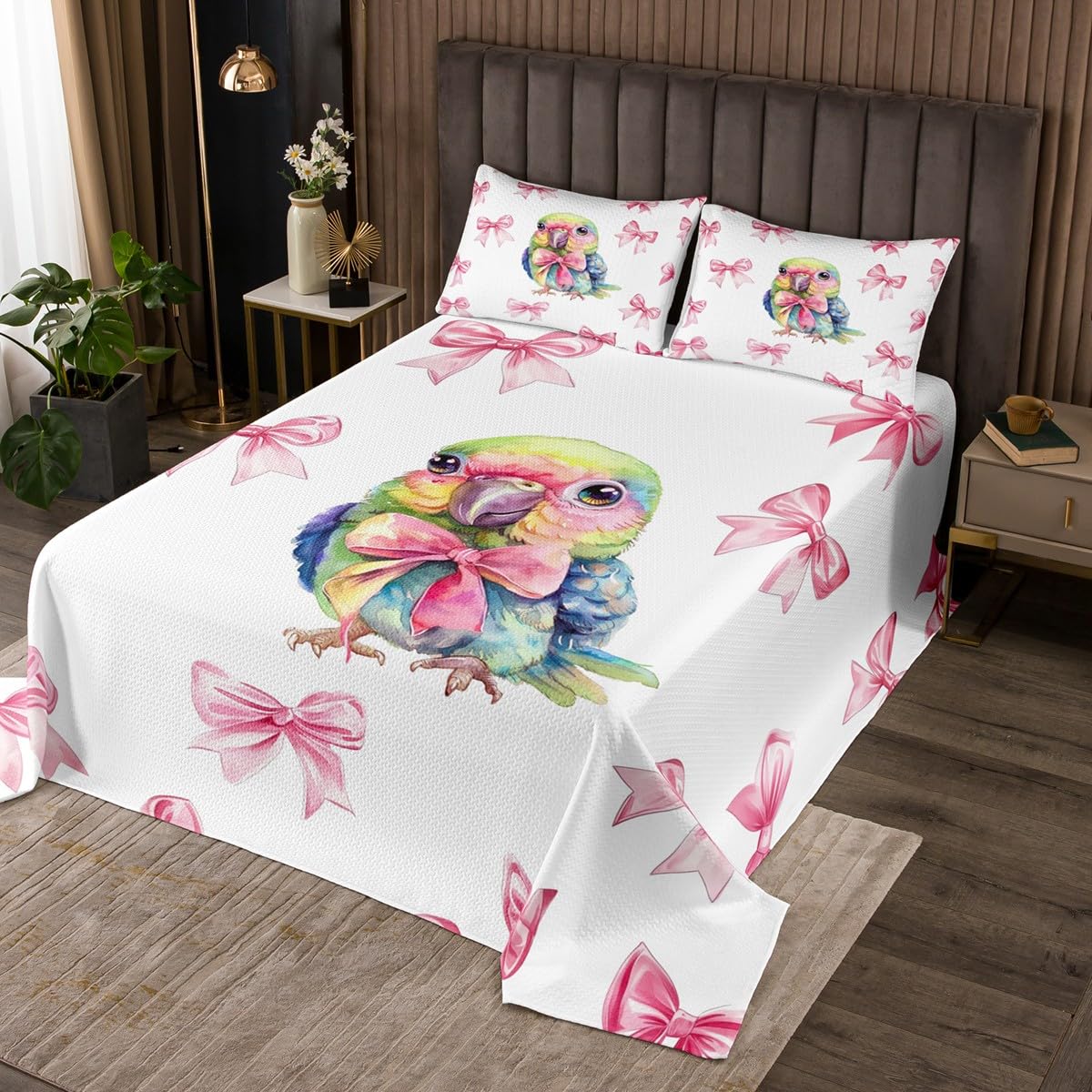 Erosebridal Bowknot Parrot Coverlet Set for Kids Teen Women,Pink Dreamy Princess Bow Girls Queen Bedspread Set Cute Kawaii Bow Quilt Sets Green Cartoon Animal Bedding Sets