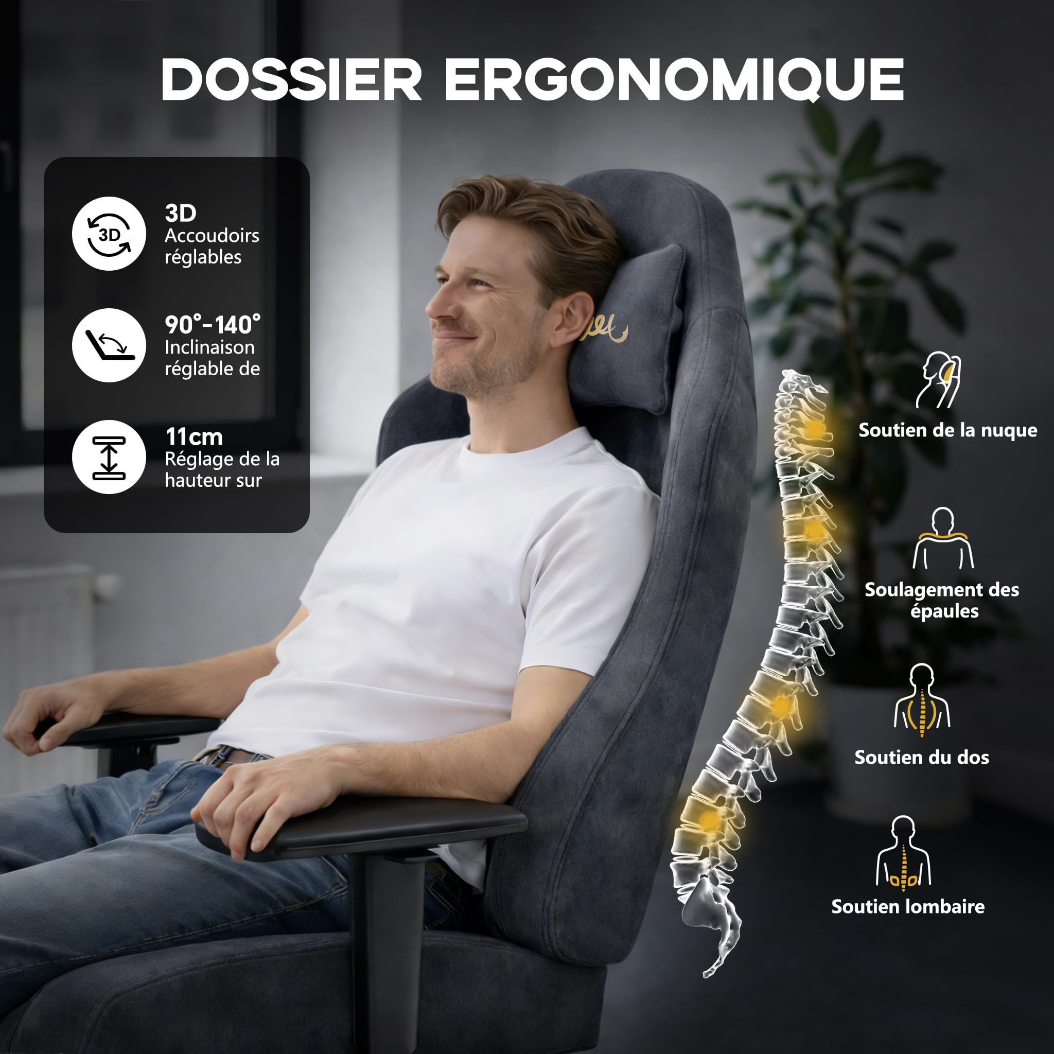 Fauteuil Chaise Siege Gaming Ergonomique-Chaises de Gamer avec Appui-Tête et Support Lombaire Repose-Pieds Rétractable Inclinaison du Dossier de 80 à 140° Capacité de Charge de 220 Kg