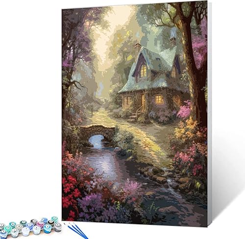 Miniatura 2 de Kit de pintura de flores para casa por números con pinceles y pigmento acrílico sobre lienzo para adultos, paisajes de bosques arroyos, artes,