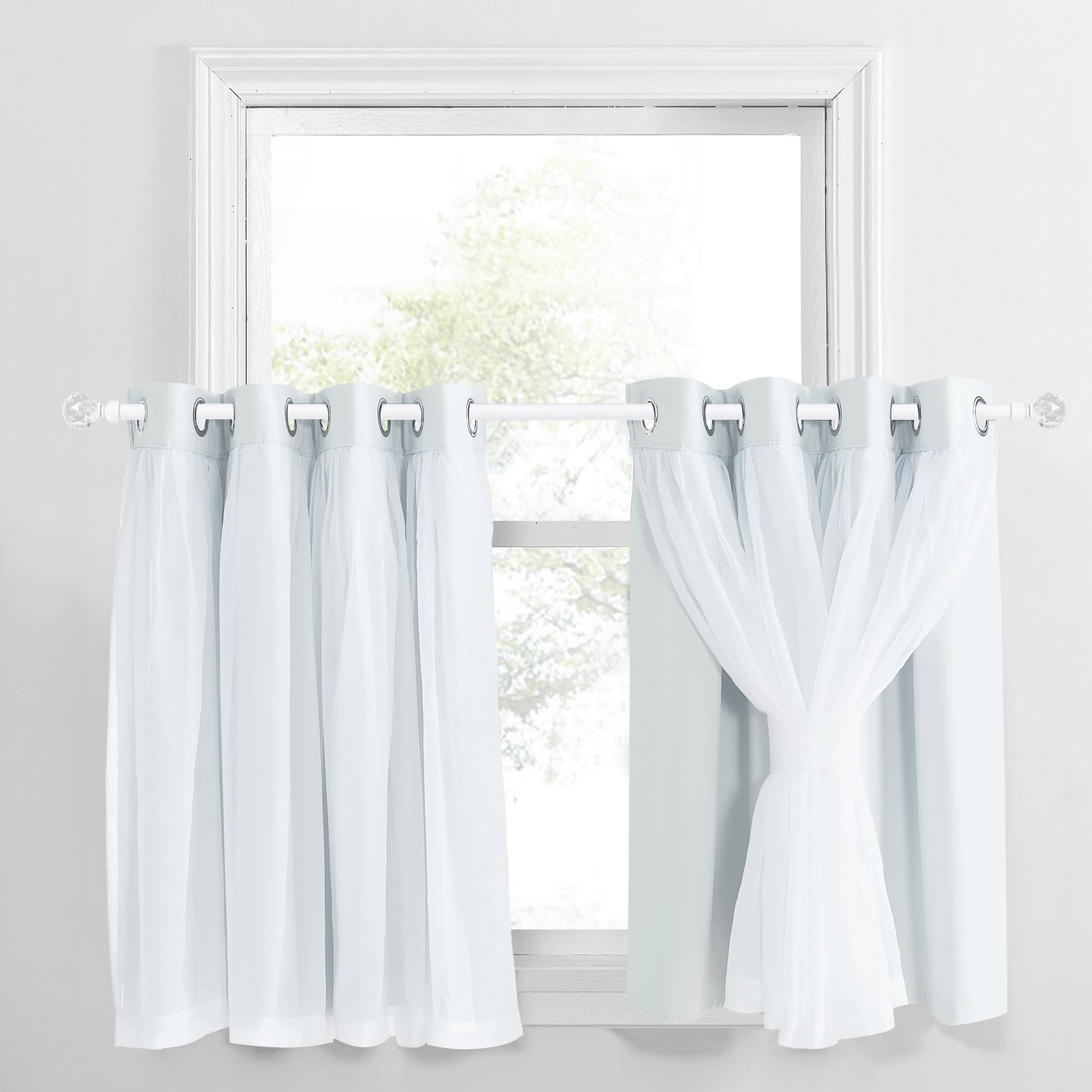 PONY DANCE Greyish White Blackout Curtains with Sheer Overlay, Grommet Thermal Insulated Mix & Match Double Layer Window Curtains for Living Room, 2 Drape Panels Sewn with Tiebacks, 52W X 36L