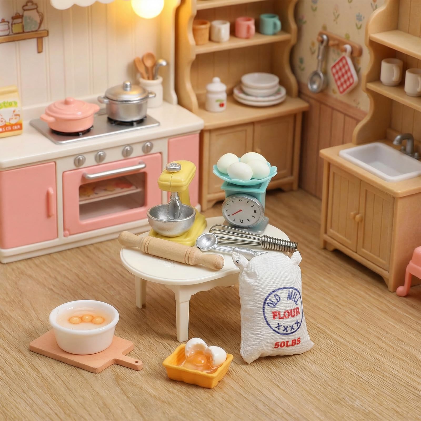 18 sztuk 1:12 skrzatów, akcesoria kuchenne z żywicy, miniaturowe akcesoria do domku dla lalek, mini worek na mąkę, trzepaczka, waga kuchenna, miniaturowe dekoracje do kuchni, terrarium, mikro