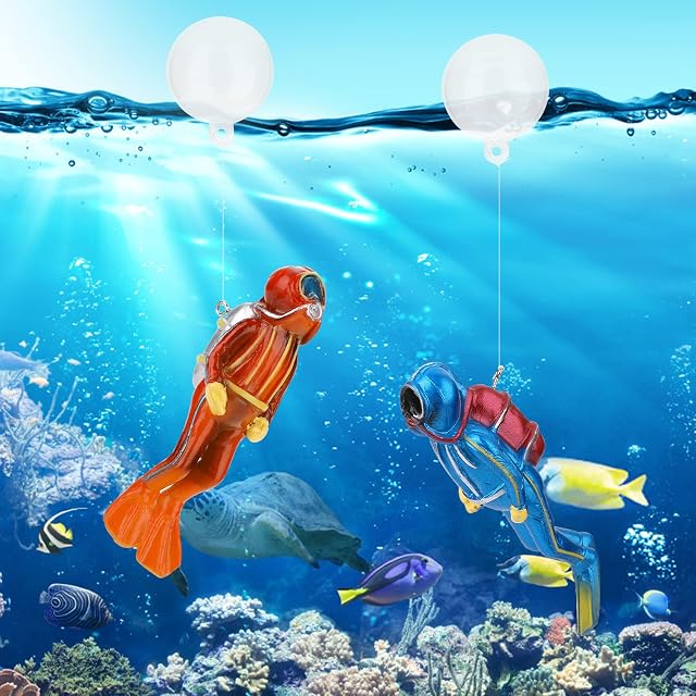 Cobee Diver Aquarium Decorations, 2PCS Floating Aquarium Accessories Resin Fish Tank Decor Realistic Frogman Diver Figurines with Floating Device Aquarium Ornaments for Fish Tank Landscape Decoration