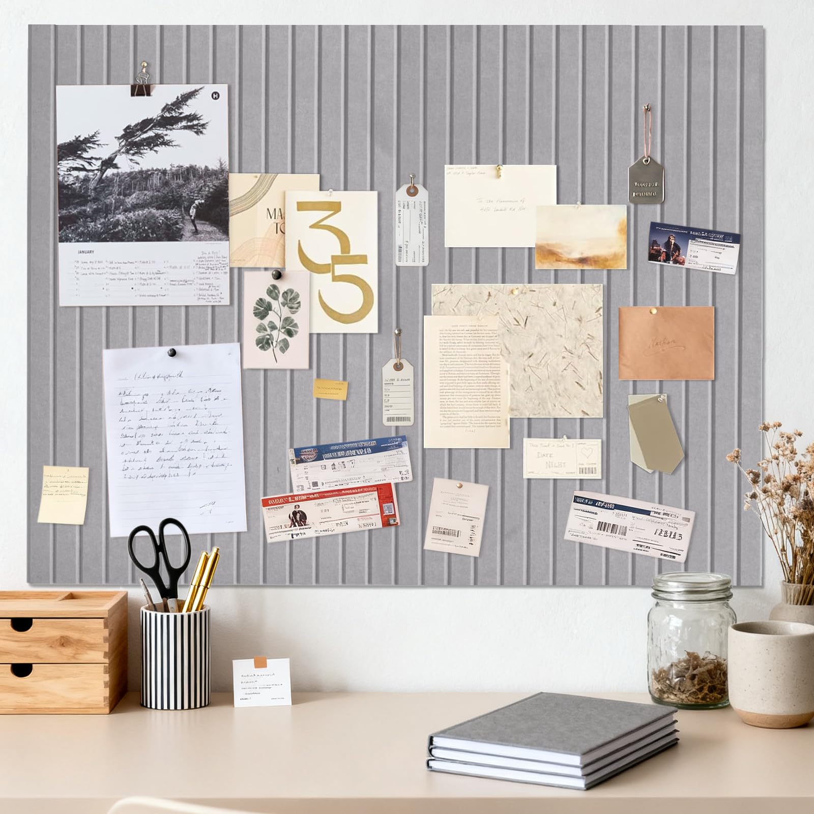 Large Felt Notice Board Moonlight Grey Self-Adhesive 90 x 120 cm Cork 0.9 cm Thick Vision Board Set, Photo Wall Cork Board Pegboard Memo Board Felt Panels Pin Board Modern for Office Kitchen