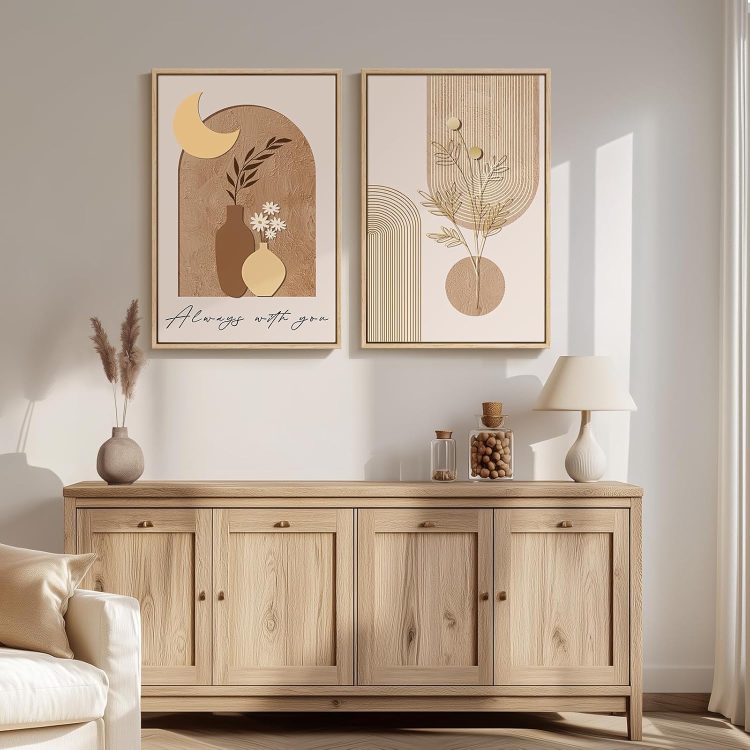 lianyibo 2 szt. Arkusze ścienne Neutralne Boho Style Botanic Vase Canvas Beż Księżyc Nowoczesny Minimalistyczny Wystrój Domu (60 x 90 cm x 2 / Wewnętrzna rama)