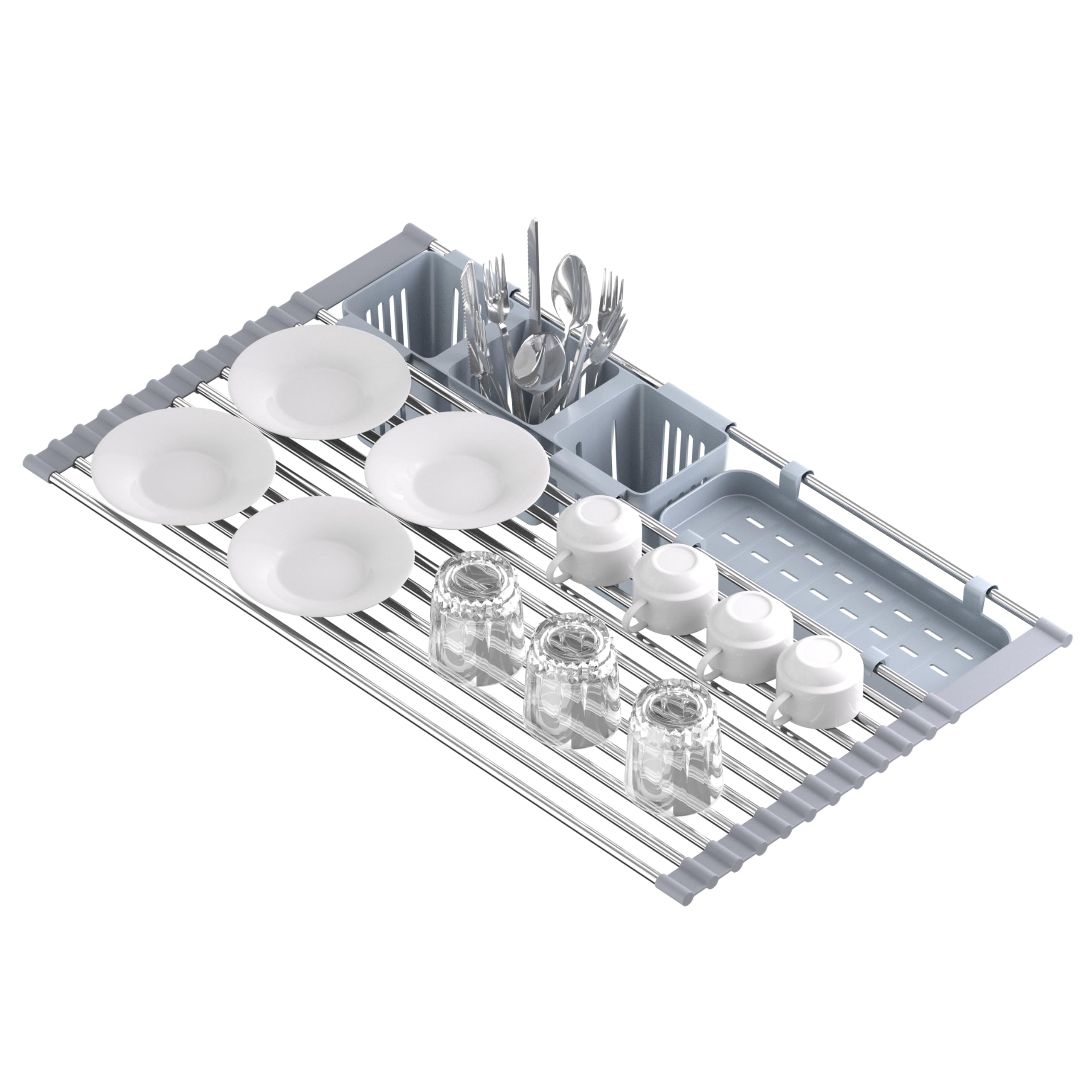 PERFEETS® Escurreplatos Plegable de Acero Inoxidable sobre Fregadero Ajustable + Accesorios para Cubiertos - Escurridor Compacto y Duradero - Accesorios para Cubiertos | Escurridor de Platos