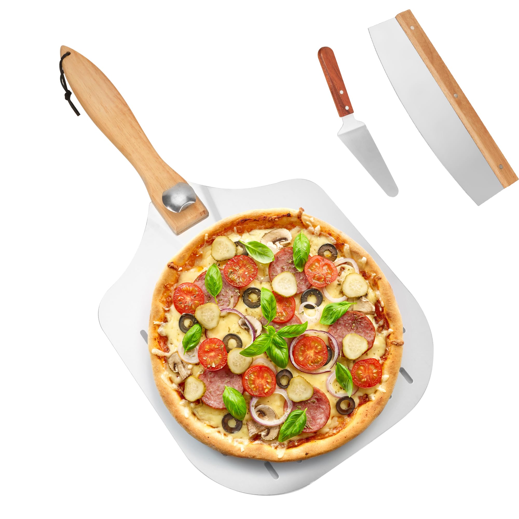 Pizza Peel Oven Making Accessories, 12 Inch Pizza Paddle with Foldable Wooden Handle, Aluminum Perforated Baking Peel for Bread Pastry Pizzerias Home (Pizza Paddle, Pizza Cutter, Pizza Server)