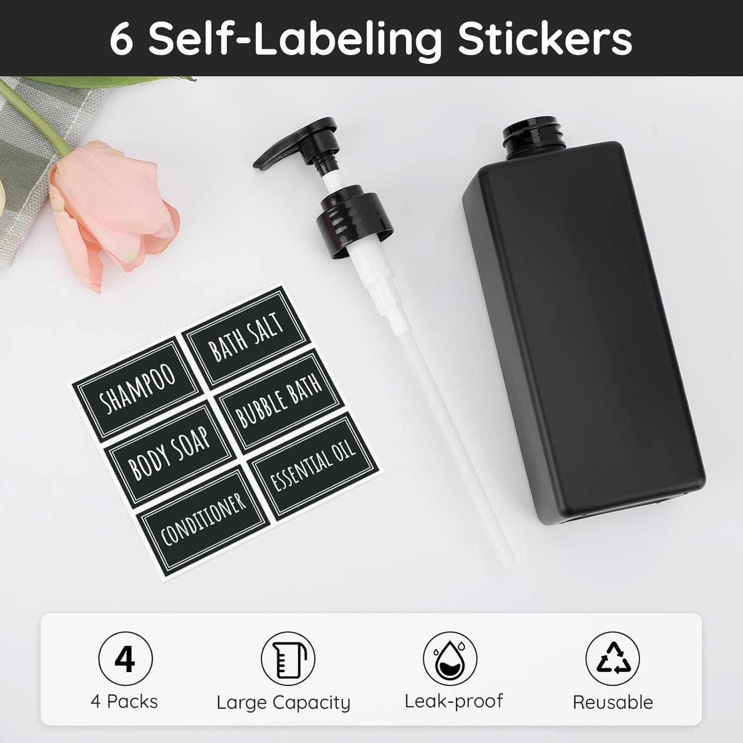 Segbeauty Bathroom Soap Dispenser Set, 4 Pack of 16.9oz Shower Bottles Refillable with Labels, 500ml Plastic Square Matte Black Soap Dispenser Empty Pump Bottles for Shampoo Conditioner Body Soap - Image 2