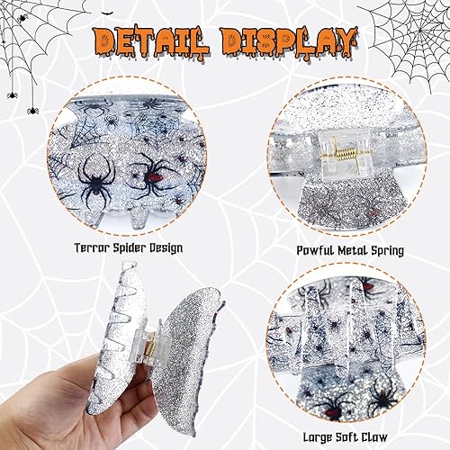 Miniatura 3 de Pinzas góticas para cabello grueso con diseño de araña, pinzas para el cabello acrílicas plateadas con purpurina para el cabello, pinzas de plátano