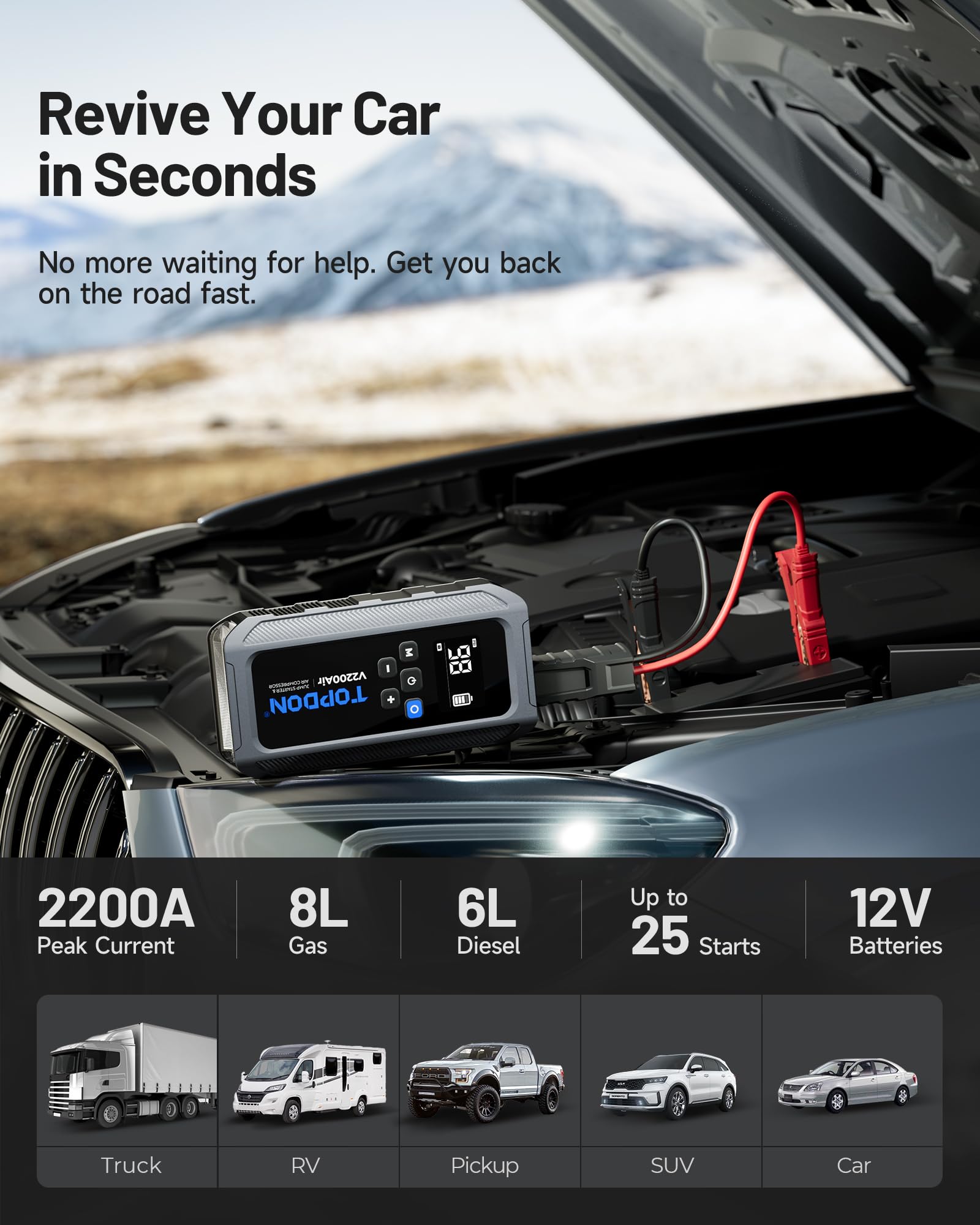 TOPDON V2200Air Booster Batterie Voiture 2200A, 150PSI Gonfleur Pneus, Batterie Démarrage Moto Puissant (Jusqu'à 8L Gaz ou 6L Diesel) avec câbles de démarrage, écran LCD, 4 LED Mode