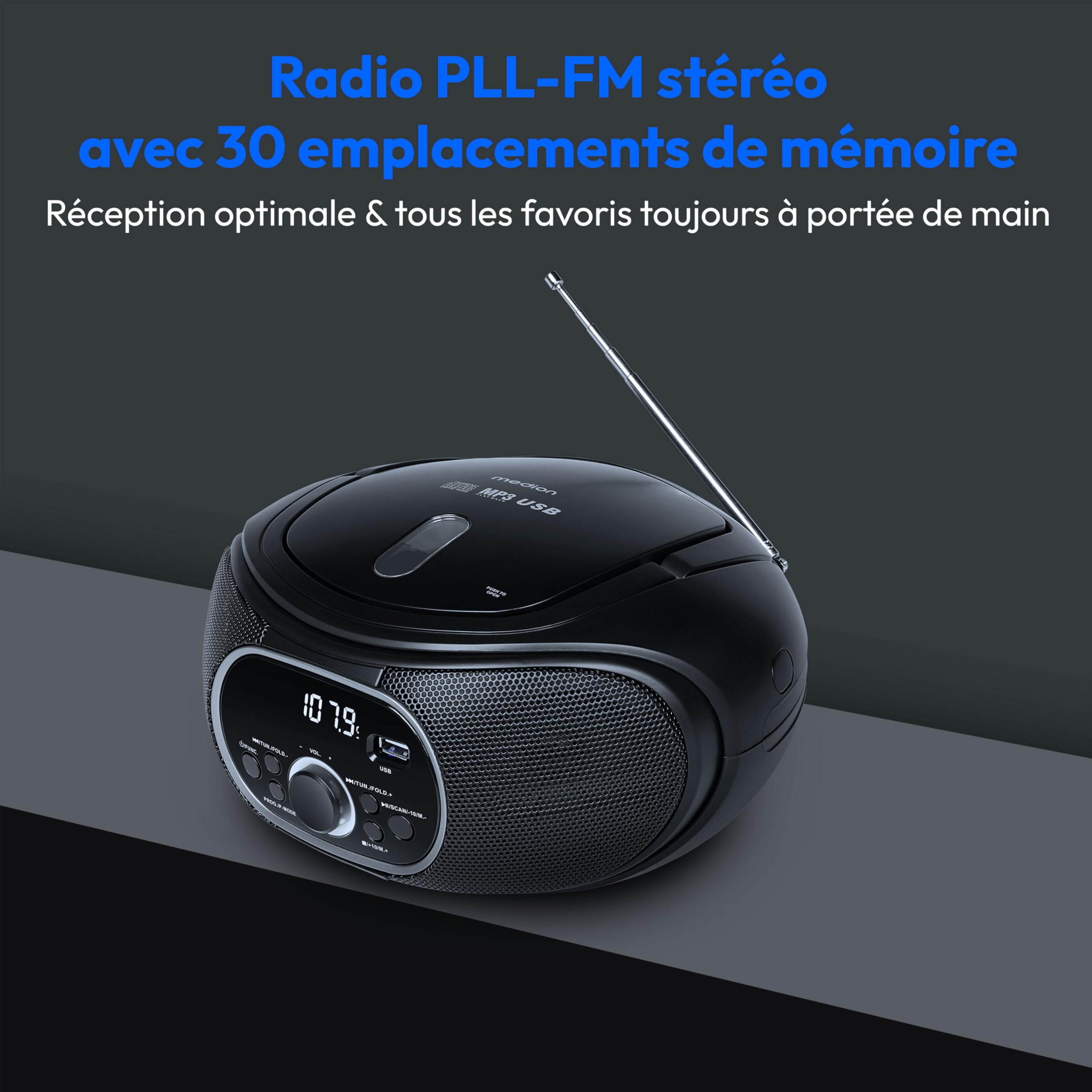 MEDION Boombox Portable E65711, Lecteur CD/MP3, FM, AUX, Fonctionnement sur Piles, Noir