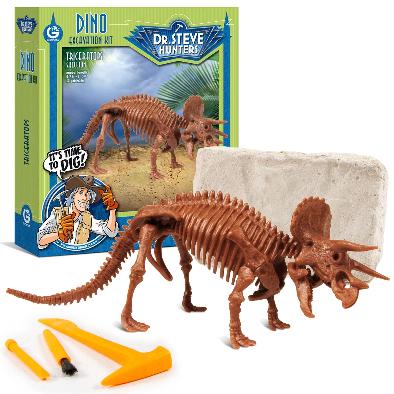 Geoworld Triceratops Dino Dig Kit - Assemble an 8-Inch Authentic Dinosaur Skeleton Model - Ultimate STEM Learning Experience for Kids Ages 6+