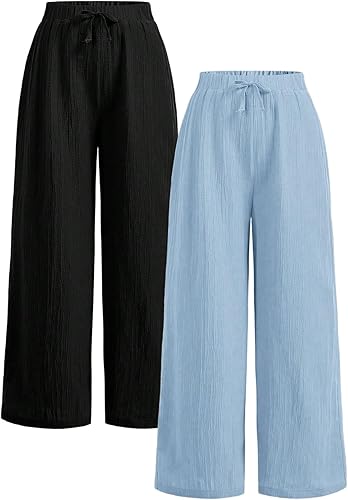 RoseSeek Girl's Linen Pants Elastic Waist Wide Leg Pants Beach Vacation Outfits 