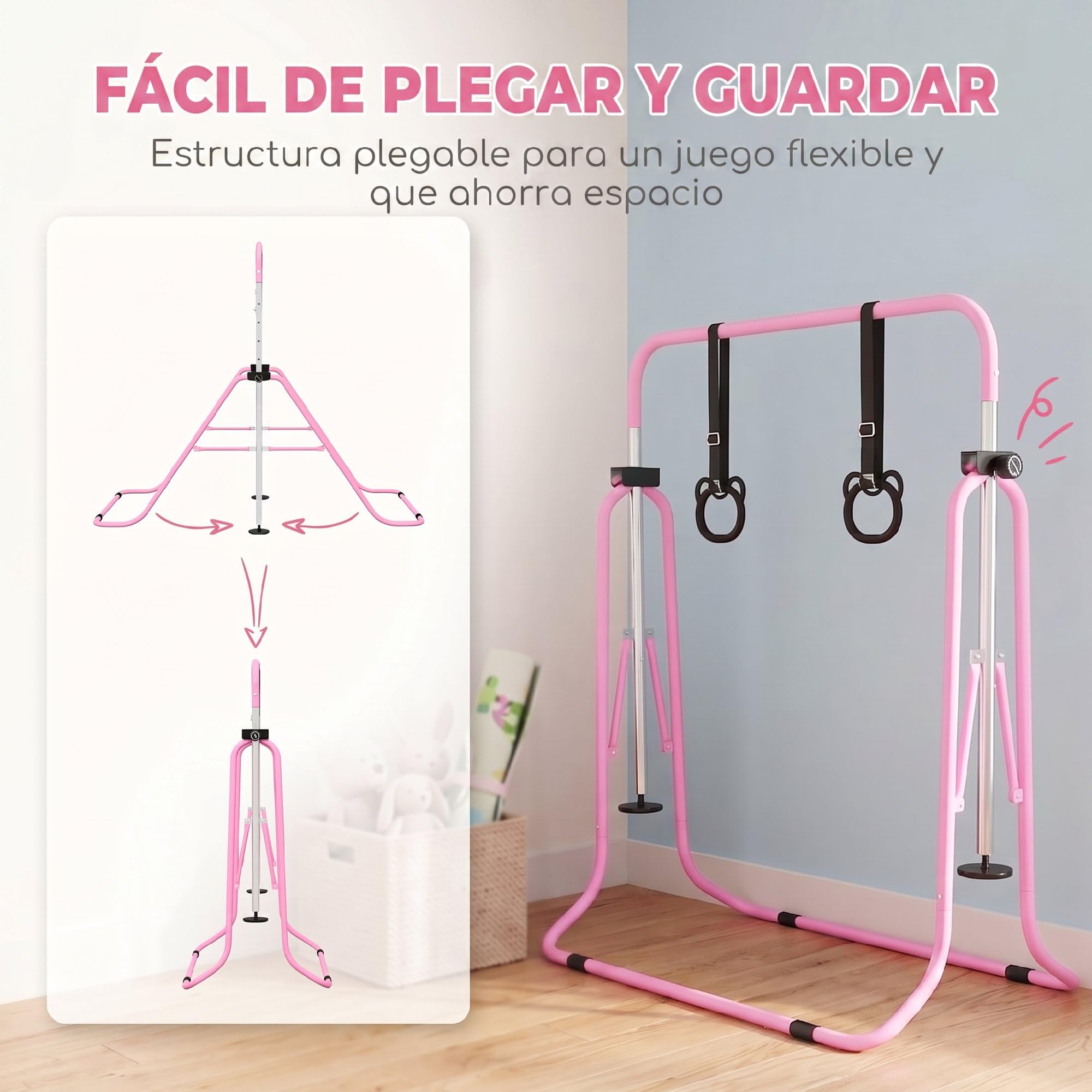HOMCOM Barra de Gimnasia Plegable para Niños con Altura Ajustable 5 Niveles y Anillos