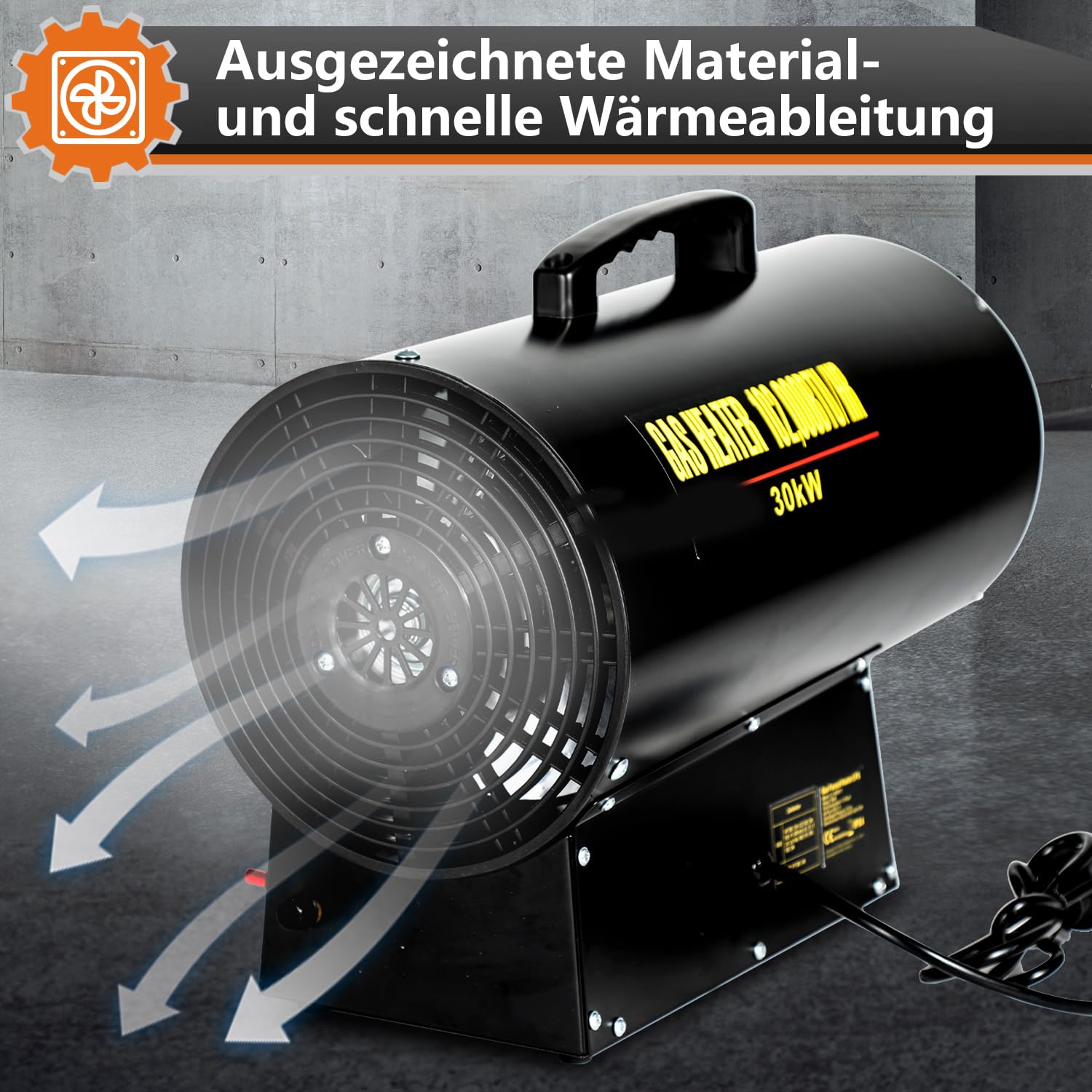 Gasheizgebläse Heizkanone Gasheizer mit 1,2m Gasschlauch und 700 mbar Druckminderventil Edelstahl Gasheizgebläse, 220V Piezozündung und Tragegriff (30KW)