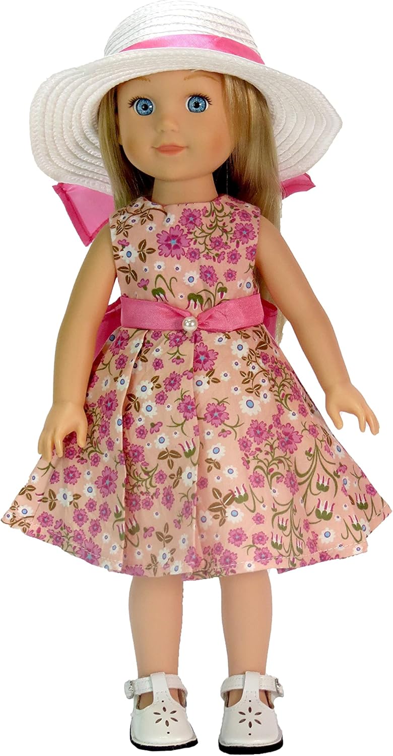 American Fashion World Pink Floral Dress for 18-Inch Dolls | Hat Included | Premium Quality & Trendy Design | Dolls Clothes | Outfit Fashions for Dolls for Popular Brands