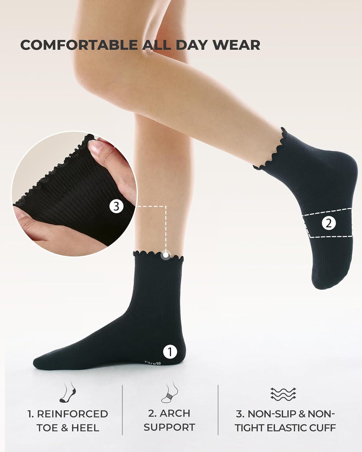 FITRELL 6 Pairs Ruffle Socks, Womens Soft Breathable Cute Lettuce Ankle Crew Frilly Socks - Image 5