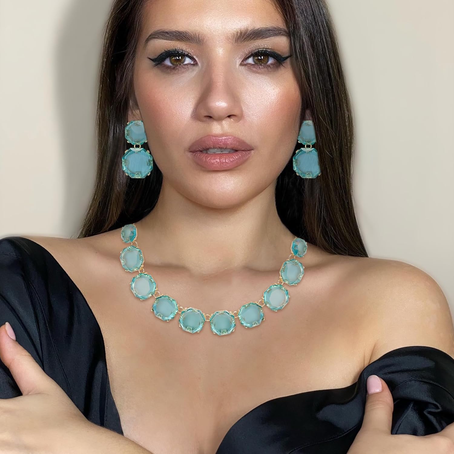 Flyonce Rhinestone Statement Choker Necklace Earrings Set, Round Crystal Bohemian Art Deco Costume Jewelry Set for Women