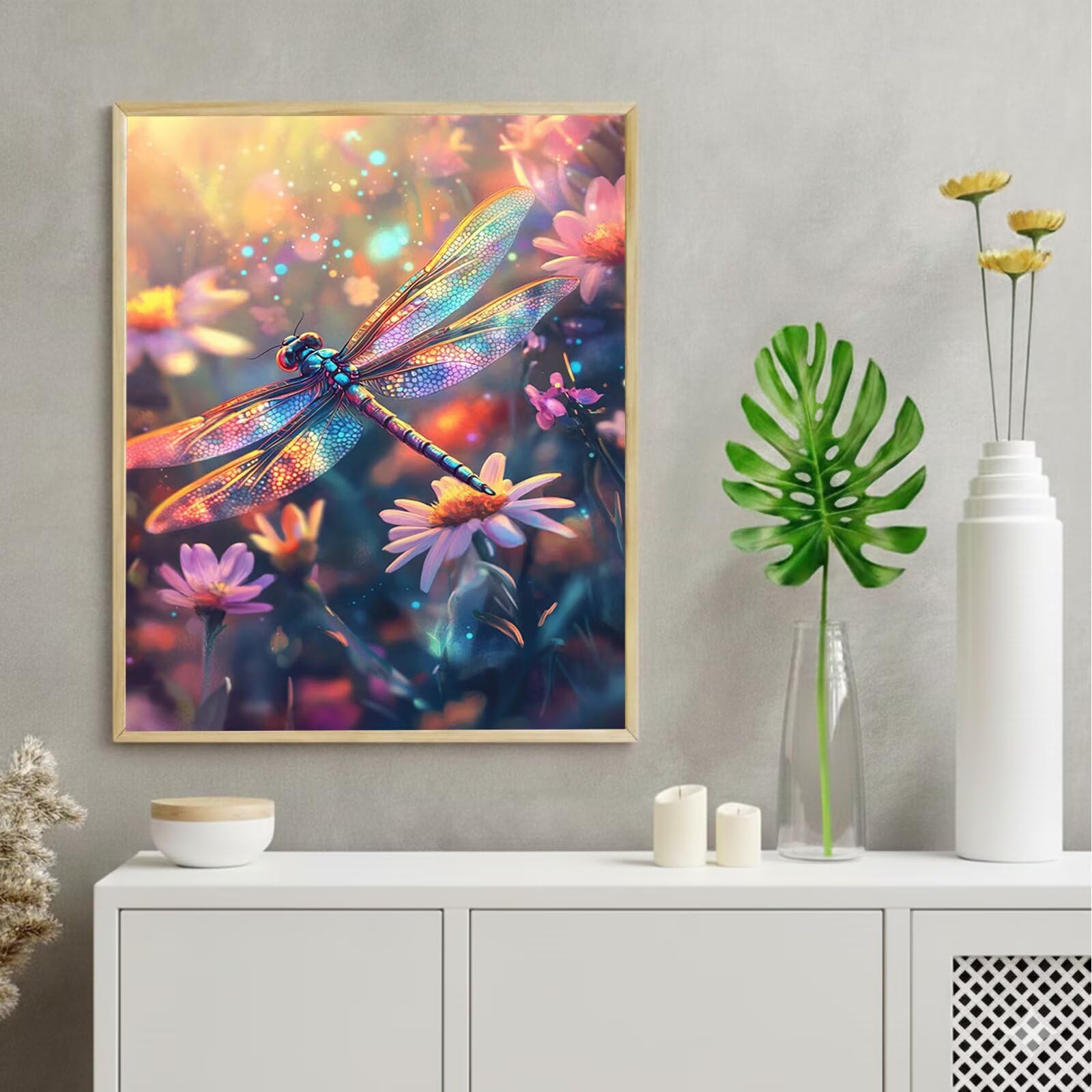 Dipingere con i Numeri Adulti Fiore, Kit di Pittura a Olio su Tela DIY con Pennelli Pittura a Pigmento Acrilico, Paint by Numbers Libellula Disegno, Decora la Casa Regalo 70x90cm (Senza Cornice)-#407k