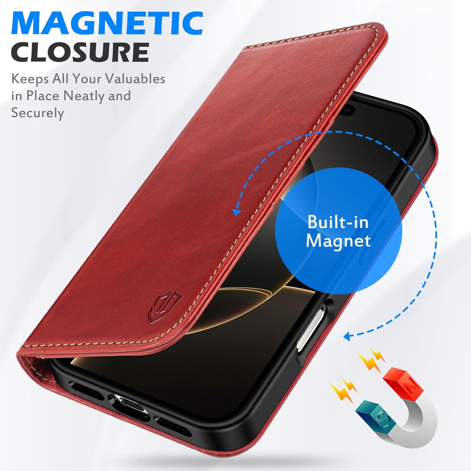 SHIELDON Case for iPhone 16 Pro Max 2024, Genuine Leather Foldable Wallet Case, Kickstand, RFID Blocking Credit Card Slots, Magnetic Protective Case Compatible with iPhone 16 Pro Max 6.9" - Retro Red - Image 7