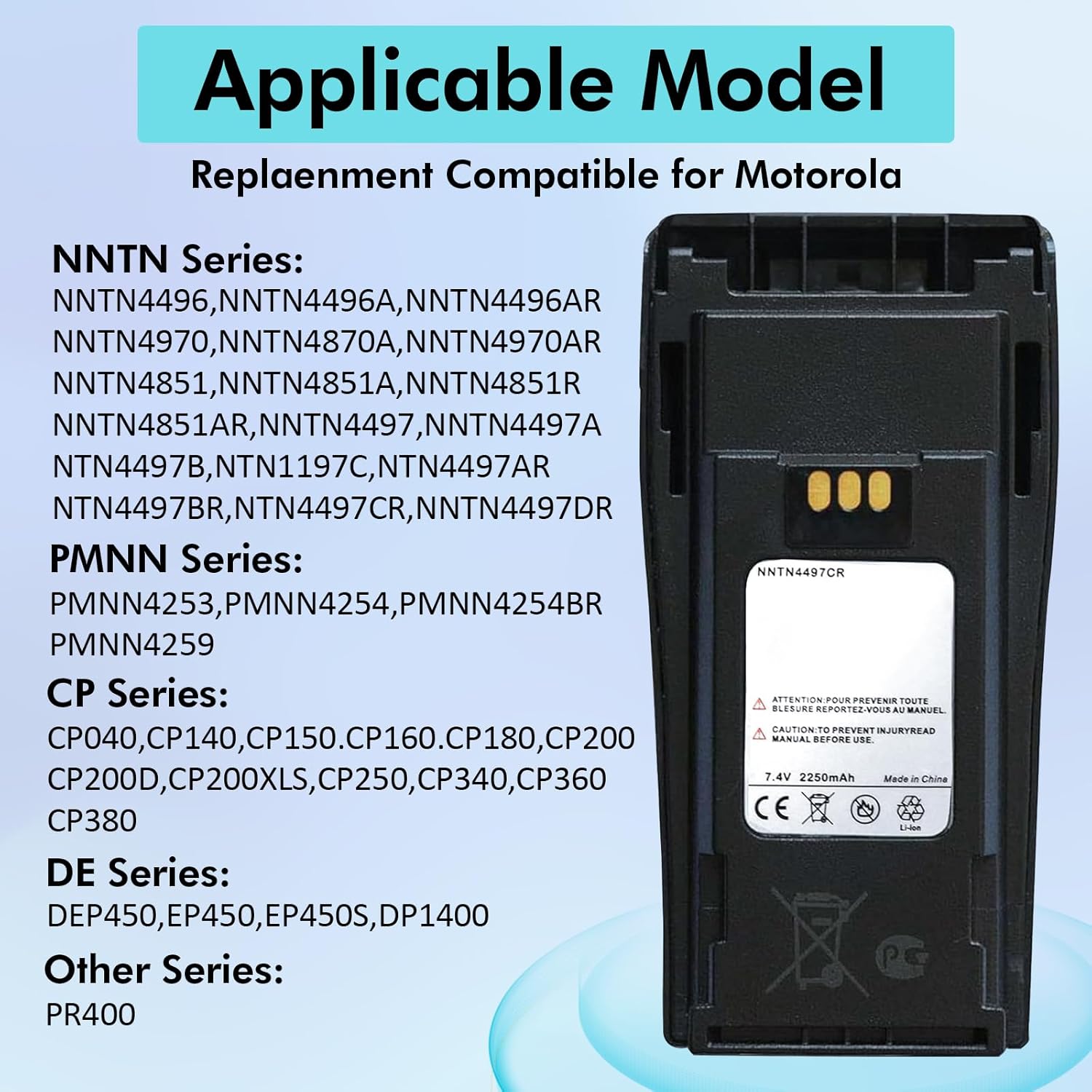 Nozza 6-Pack NNTN4497CR NNTN4497DR NNTN4496 7.4V 2250mAh Li-ion Two-Way Radio Batteries for Motorola CP040, CP200, PR400, GP3188, EP450, DEP450 with Belt Clips